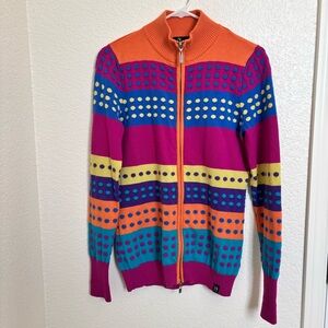 Neve Womens Rainbow Striped Full Zip Ski Merino Wool Polka Dot Cardigan Sz M